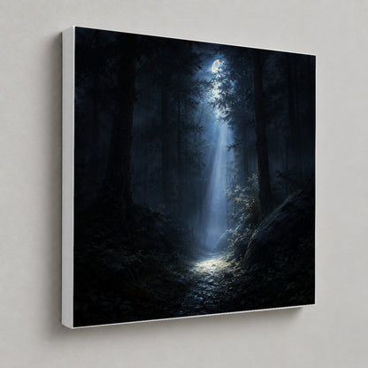 #pl[17x17 Inch|Multicolor] Moonlit Forest Square Canvas Wall Art, Woodland Night Path