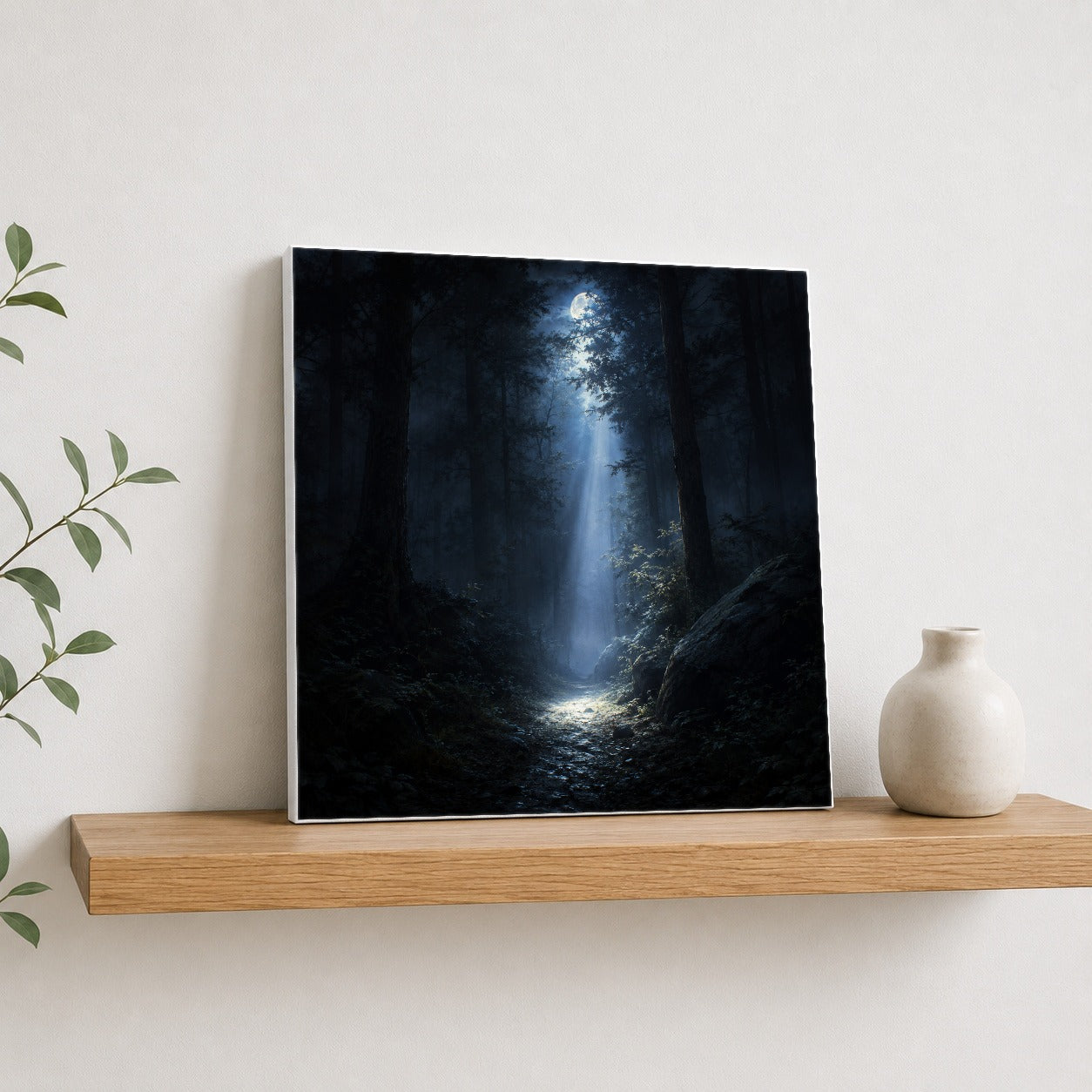 #pl[17x17 Inch|Multicolor] Moonlit Forest Square Canvas Wall Art, Woodland Night Path