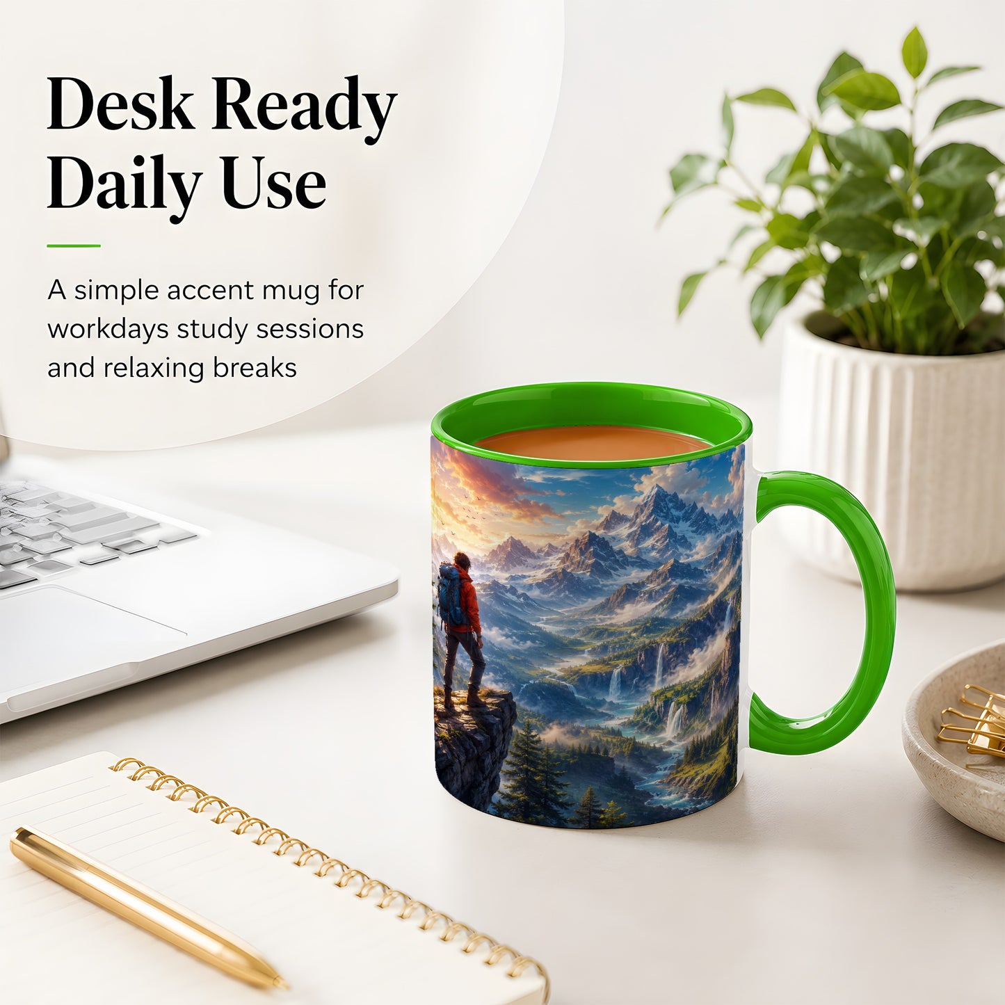 #pl[11oz|Green] Mountain Hiker Ceramic Mug, Alpine Peaks Waterfall Adventure