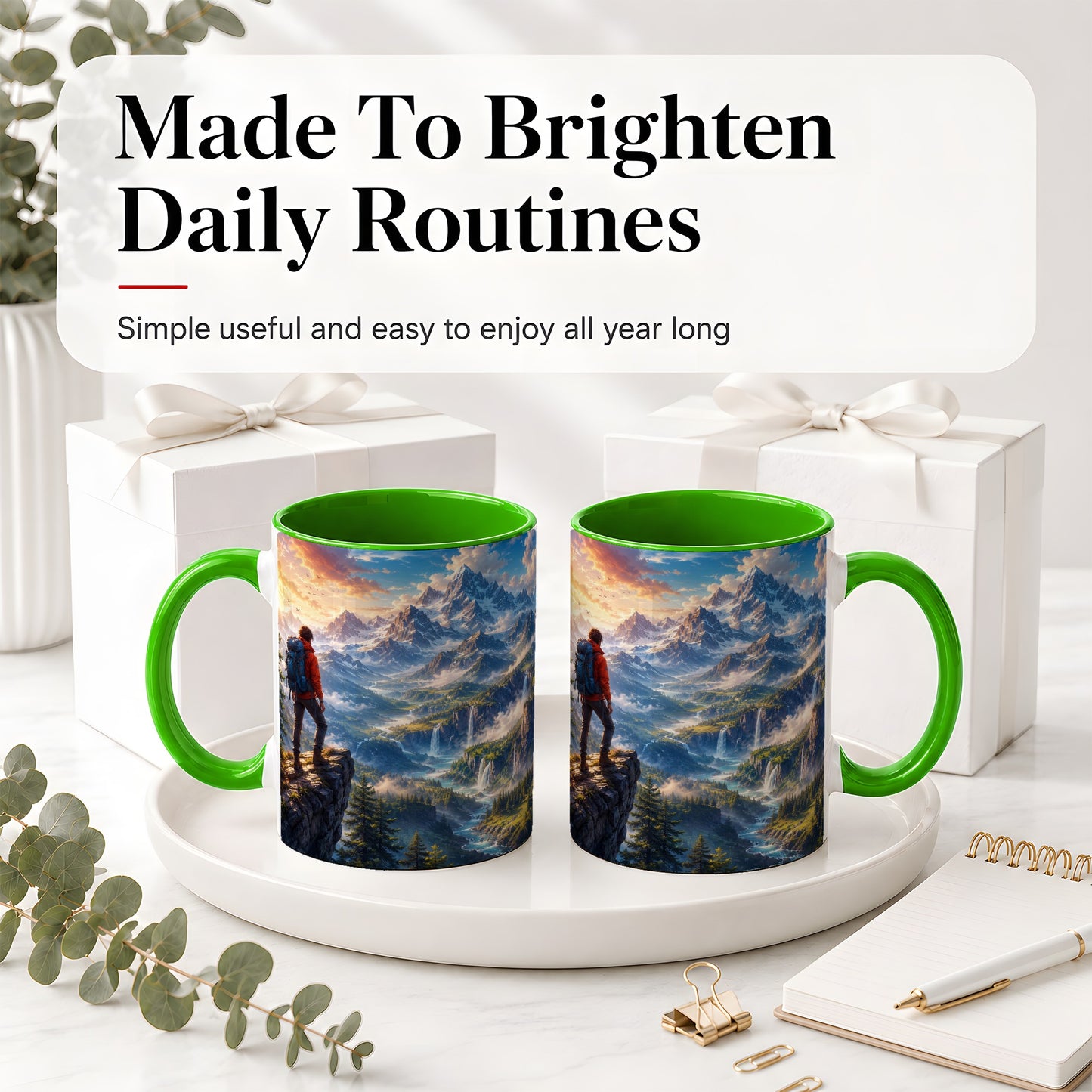 #pl[11oz|Green] Mountain Hiker Ceramic Mug, Alpine Peaks Waterfall Adventure