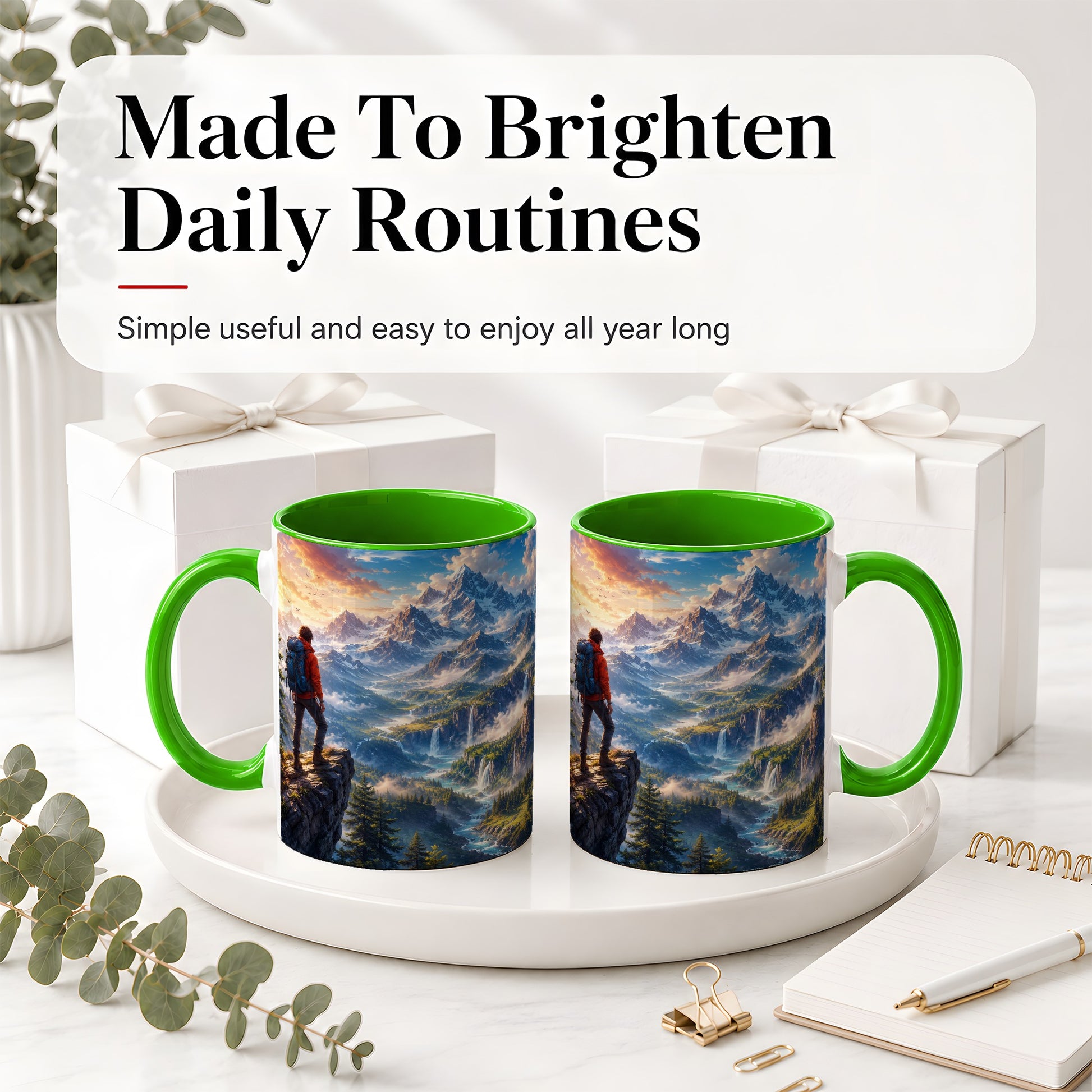 #pl[11oz|Green] Mountain Hiker Ceramic Mug, Alpine Peaks Waterfall Adventure
