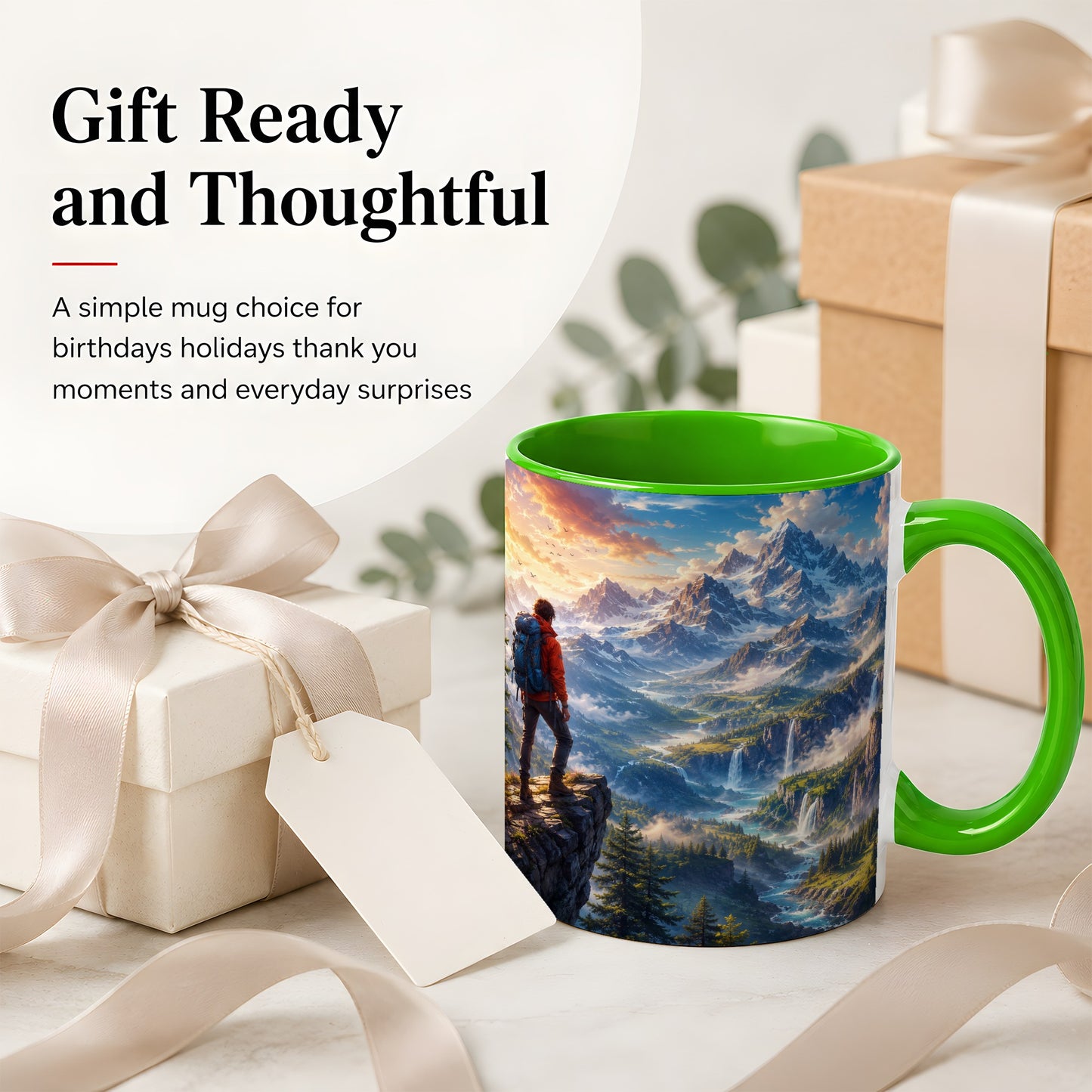 #pl[11oz|Green] Mountain Hiker Ceramic Mug, Alpine Peaks Waterfall Adventure