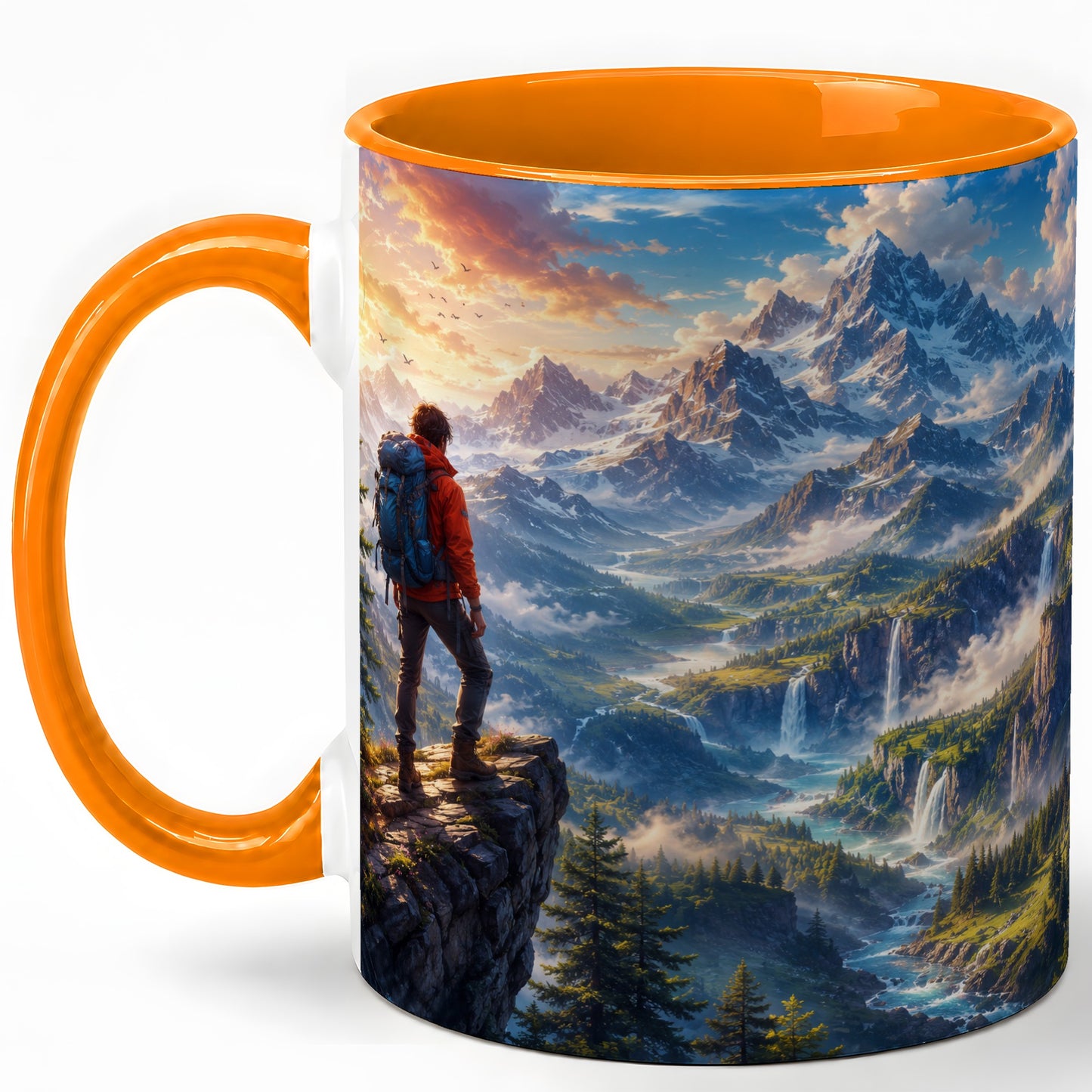 #pl[11oz|Orange] Mountain Hiker Ceramic Mug, Alpine Peaks Waterfall Adventure