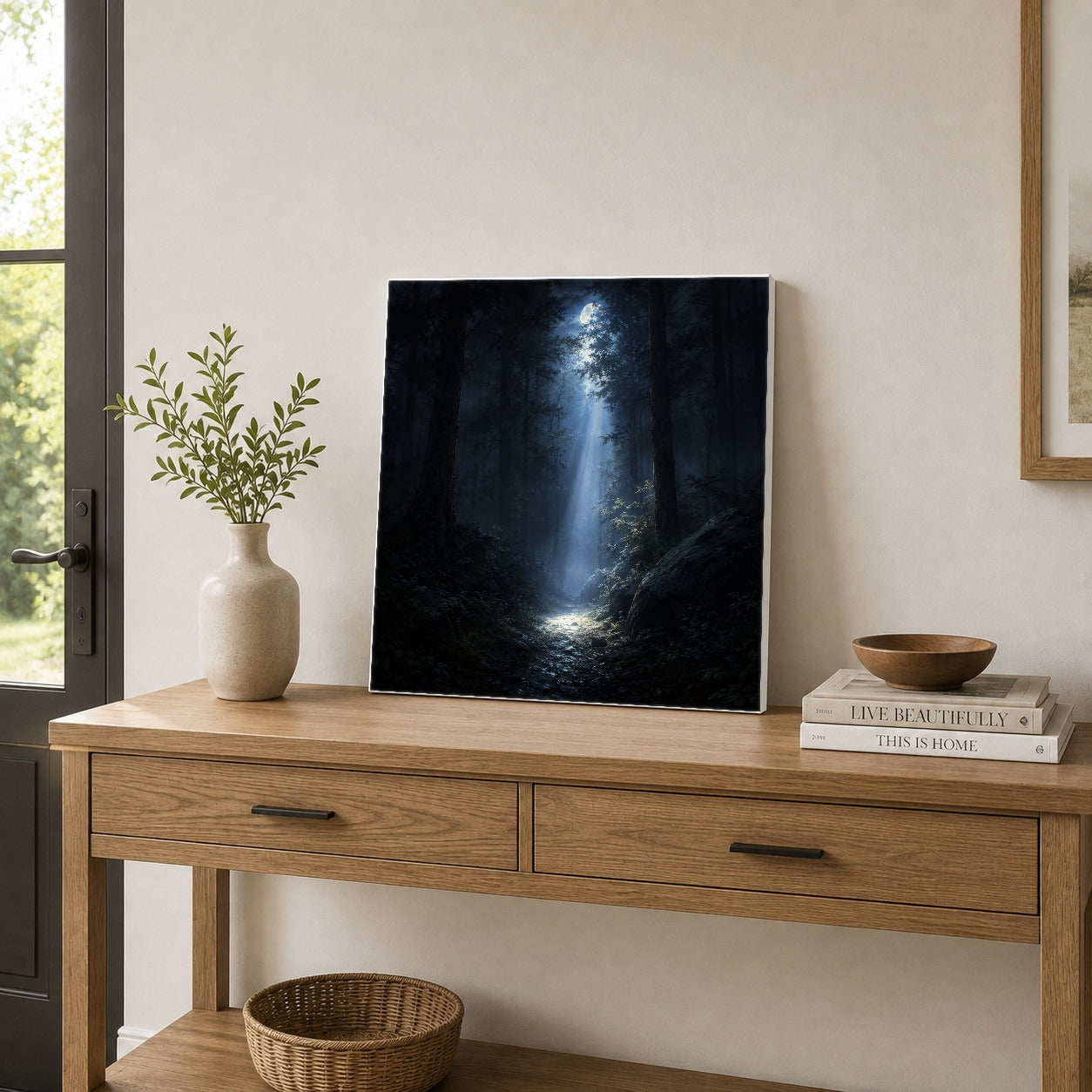 #pl[17x17 Inch|Multicolor] Moonlit Forest Square Canvas Wall Art, Woodland Night Path