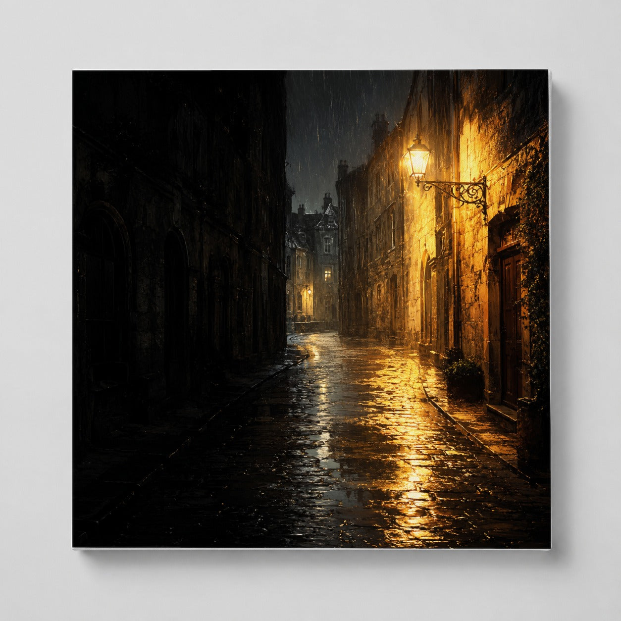 Rainy Street Square Canvas Wall Art, Vintage Lamp Night Scene