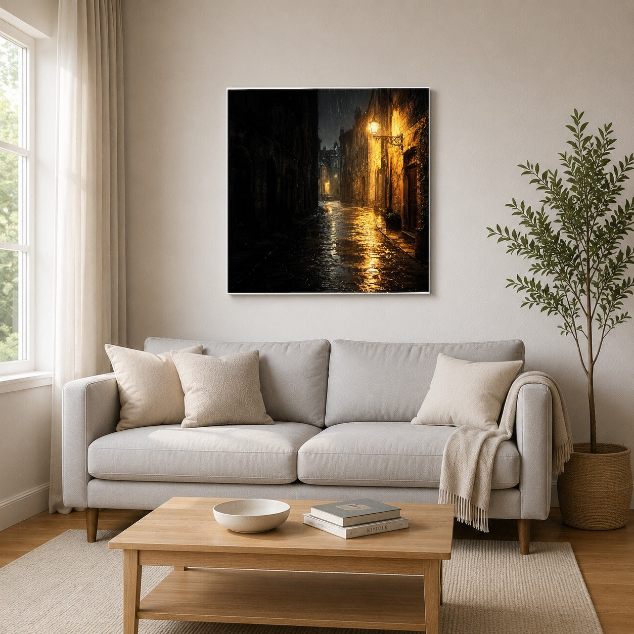 #pl[17x17 Inch|Multicolor] Rainy Street Square Canvas Wall Art, Vintage Lamp Night Scene