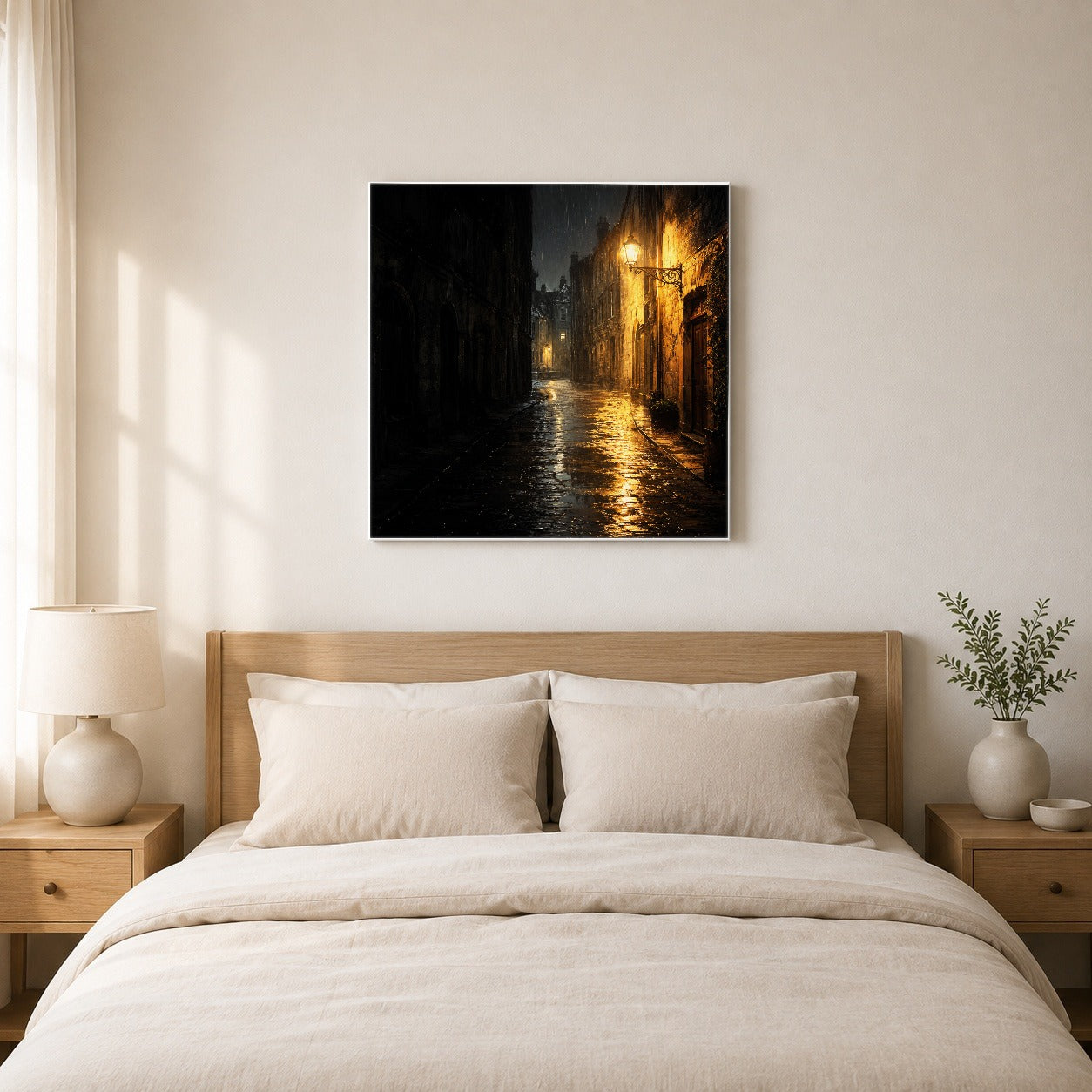 #pl[17x17 Inch|Multicolor] Rainy Street Square Canvas Wall Art, Vintage Lamp Night Scene