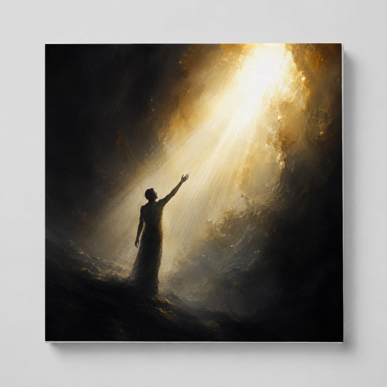 Reaching for Light Square Canvas Wall Art, Hopeful Cave Scene
