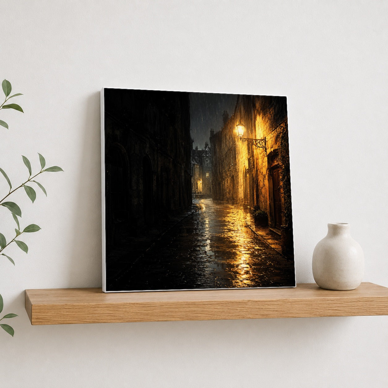 #pl[17x17 Inch|Multicolor] Rainy Street Square Canvas Wall Art, Vintage Lamp Night Scene
