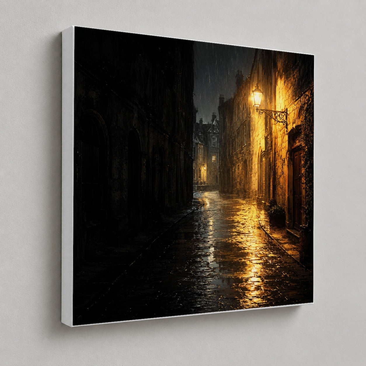 #pl[17x17 Inch|Multicolor] Rainy Street Square Canvas Wall Art, Vintage Lamp Night Scene