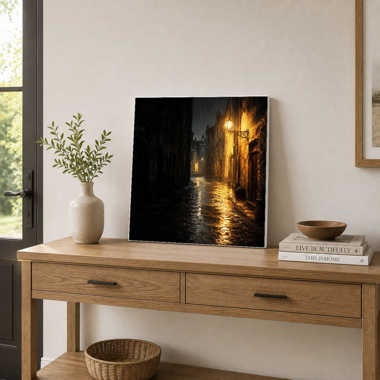 #pl[17x17 Inch|Multicolor] Rainy Street Square Canvas Wall Art, Vintage Lamp Night Scene