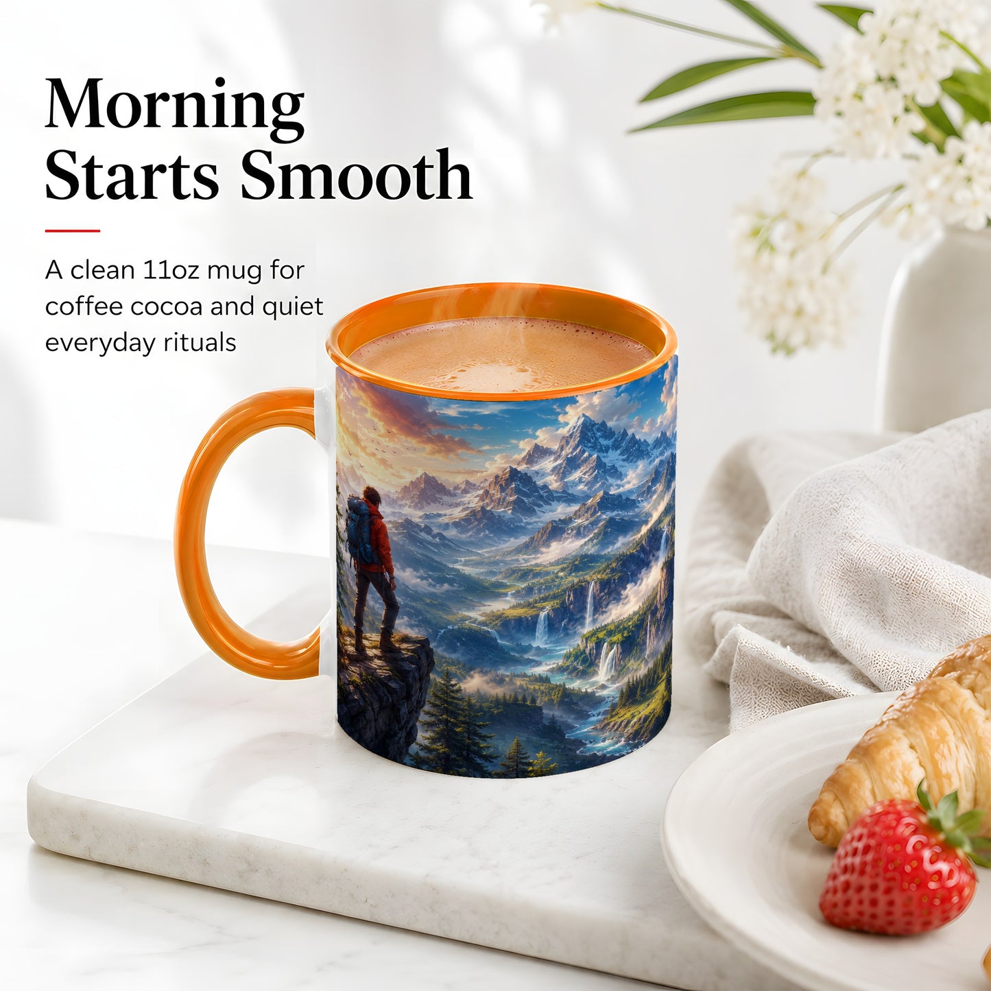 #pl[11oz|Orange] Mountain Hiker Ceramic Mug, Alpine Peaks Waterfall Adventure