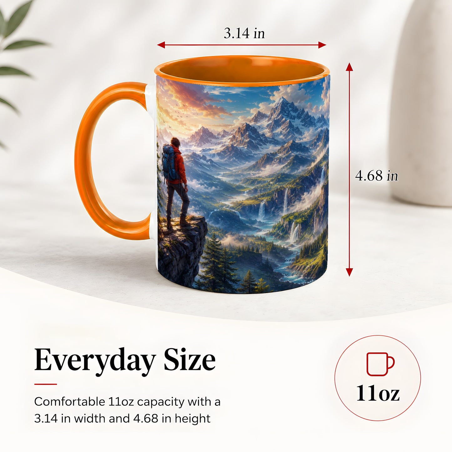 #pl[11oz|Orange] Mountain Hiker Ceramic Mug, Alpine Peaks Waterfall Adventure