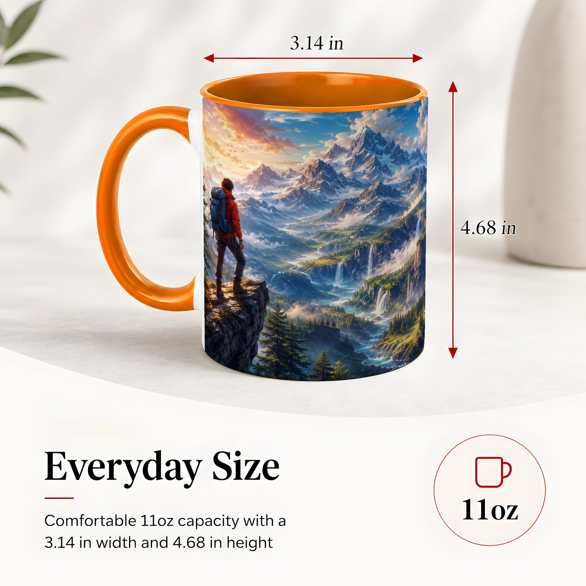 #pl[11oz|Orange] Mountain Hiker Ceramic Mug, Alpine Peaks Waterfall Adventure