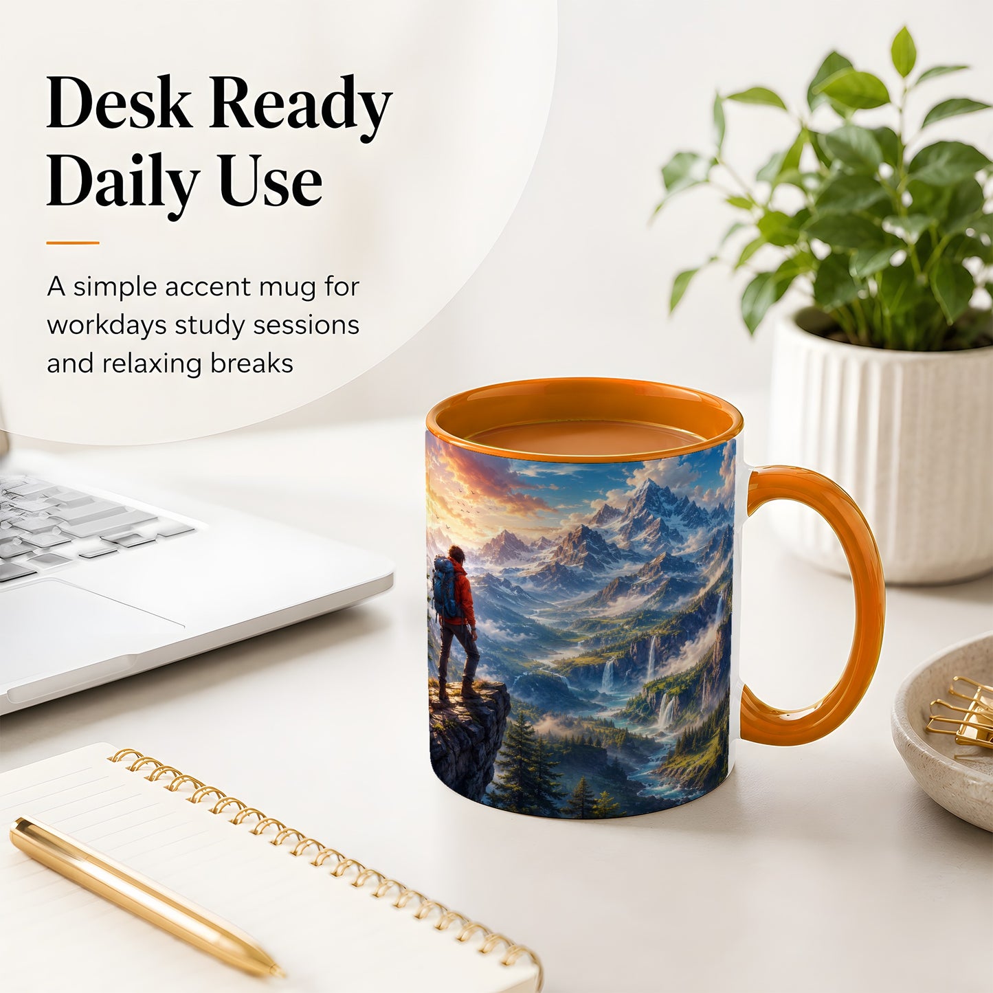 #pl[11oz|Orange] Mountain Hiker Ceramic Mug, Alpine Peaks Waterfall Adventure