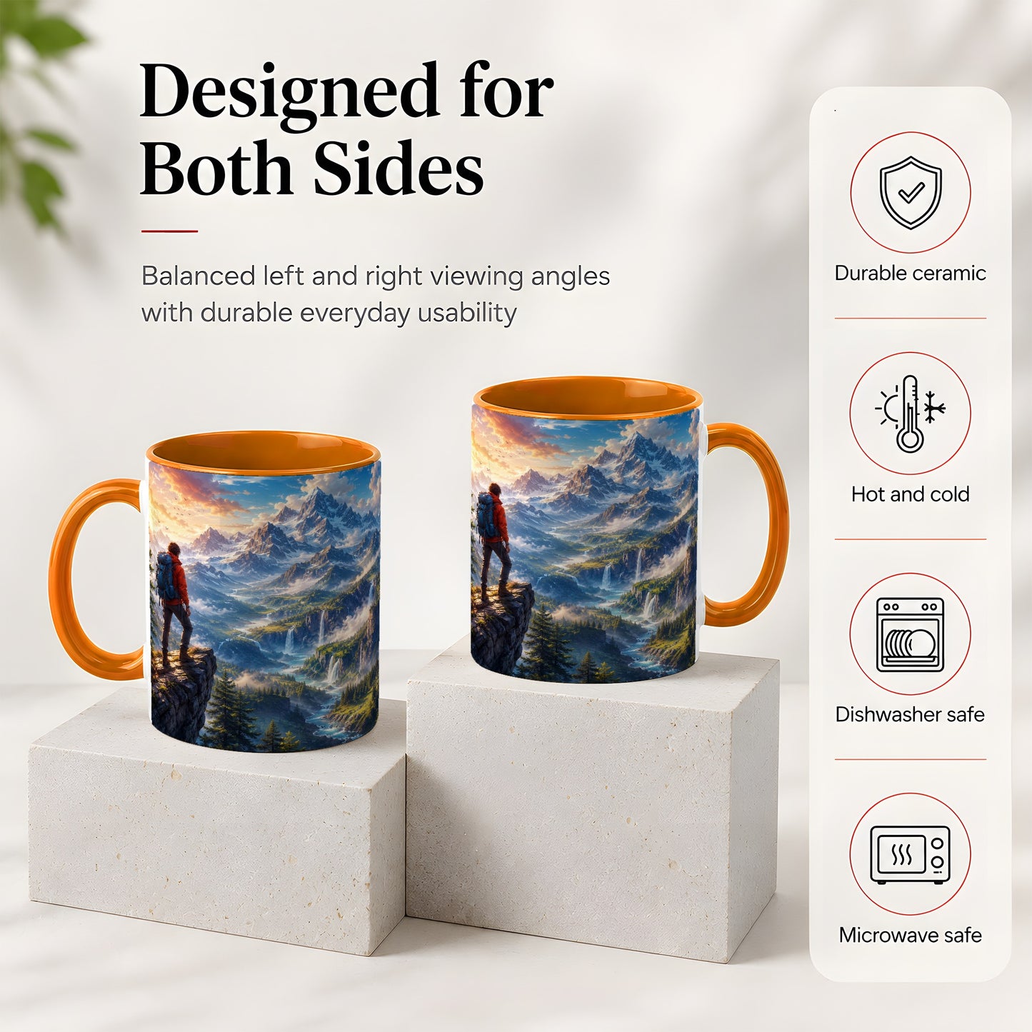 #pl[11oz|Orange] Mountain Hiker Ceramic Mug, Alpine Peaks Waterfall Adventure