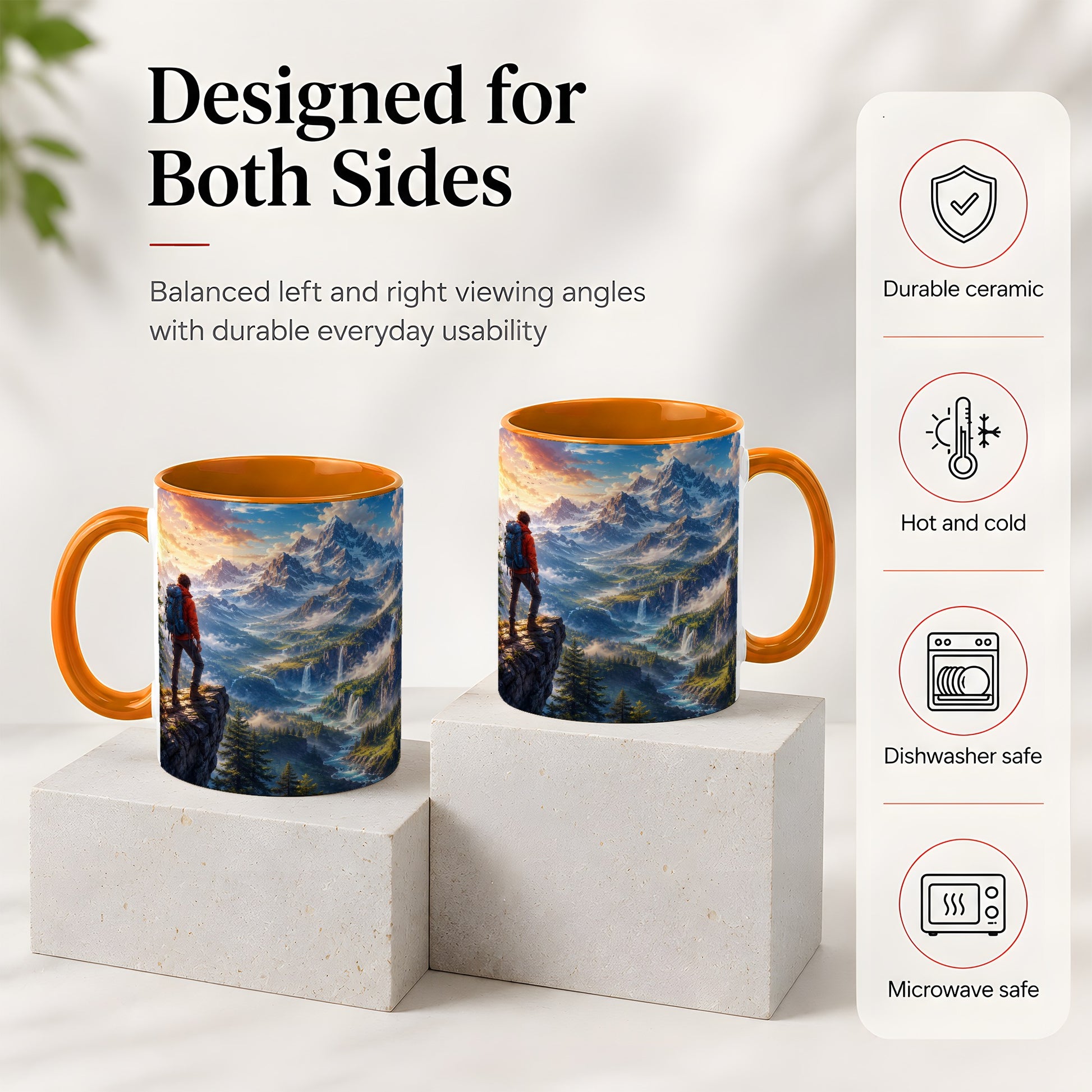#pl[11oz|Orange] Mountain Hiker Ceramic Mug, Alpine Peaks Waterfall Adventure