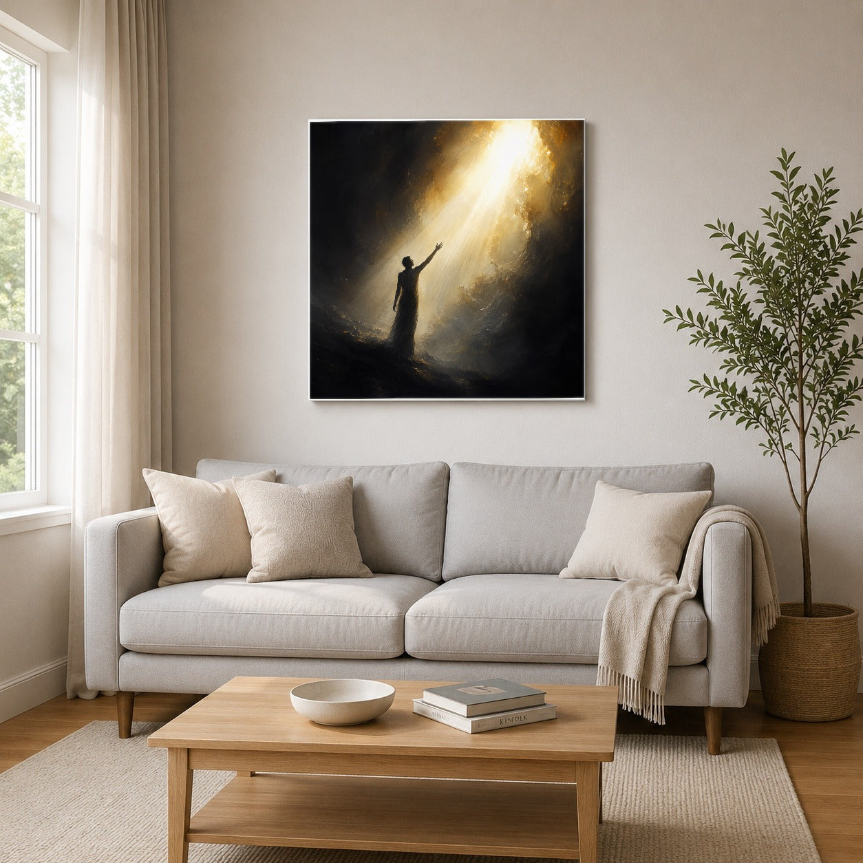 #pl[17x17 Inch|Multicolor] Reaching for Light Square Canvas Wall Art, Hopeful Cave Scene