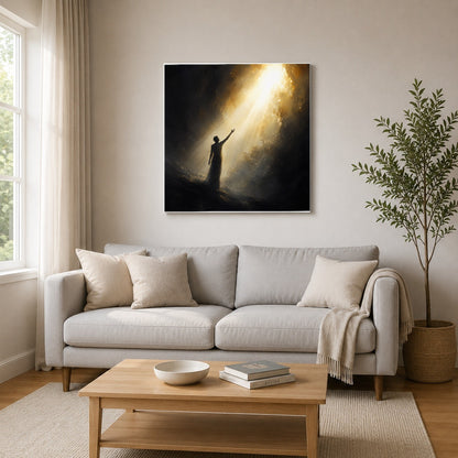 #pl[17x17 Inch|Multicolor] Reaching for Light Square Canvas Wall Art, Hopeful Cave Scene