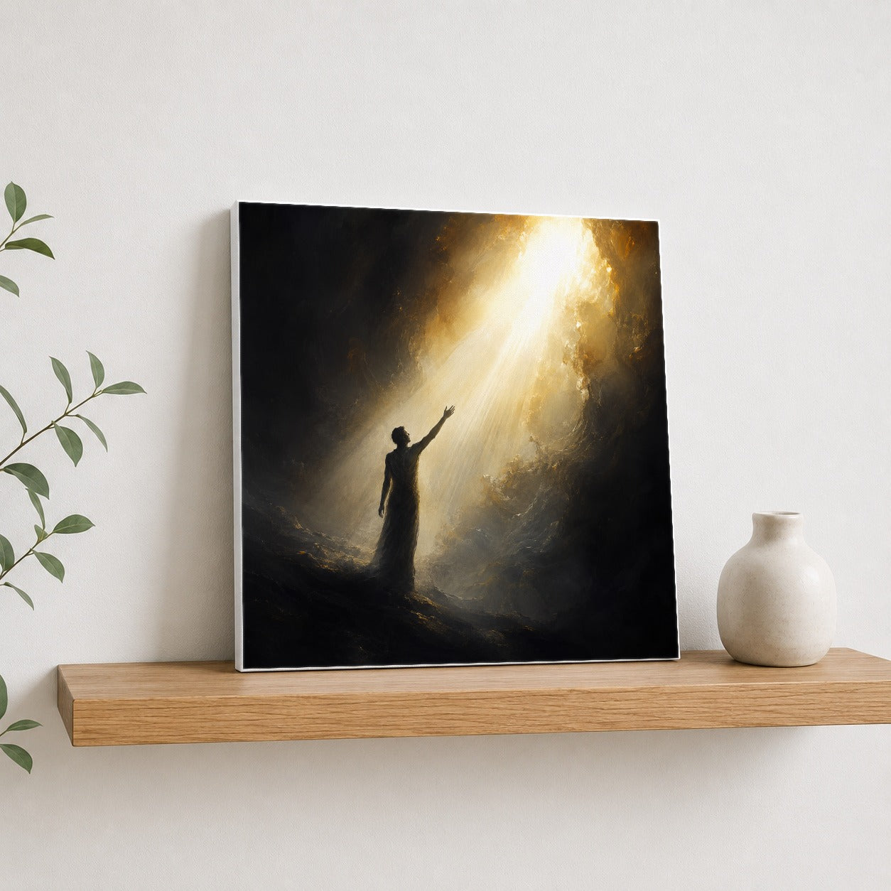 #pl[17x17 Inch|Multicolor] Reaching for Light Square Canvas Wall Art, Hopeful Cave Scene