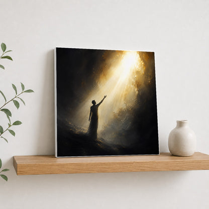 #pl[17x17 Inch|Multicolor] Reaching for Light Square Canvas Wall Art, Hopeful Cave Scene