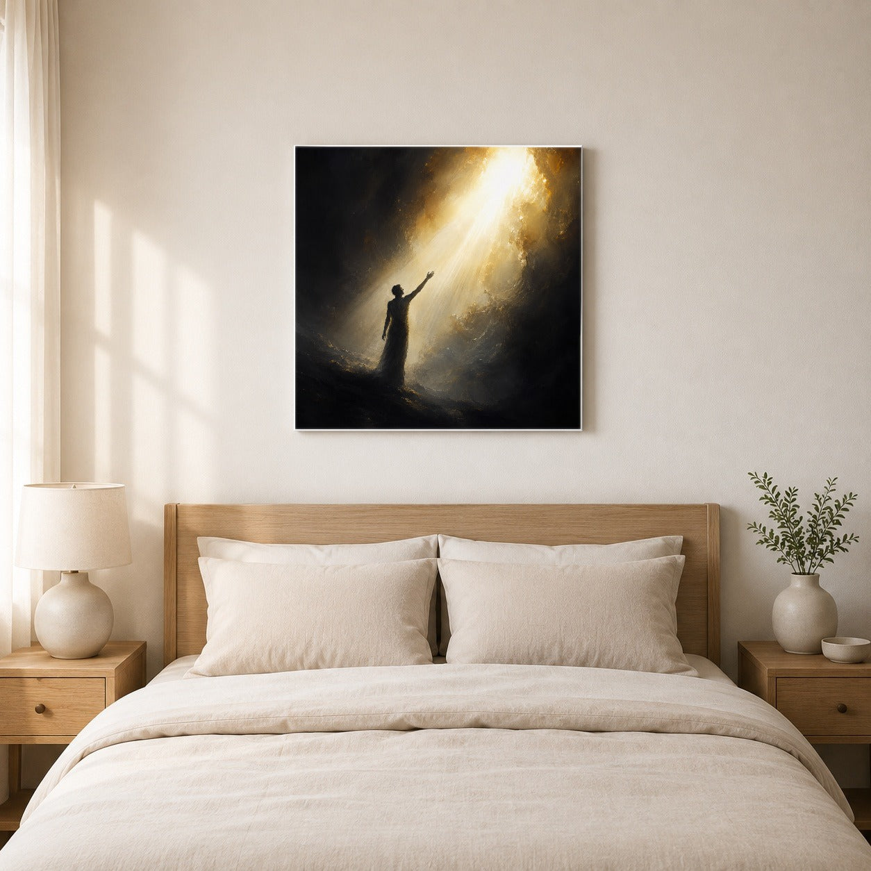 #pl[17x17 Inch|Multicolor] Reaching for Light Square Canvas Wall Art, Hopeful Cave Scene