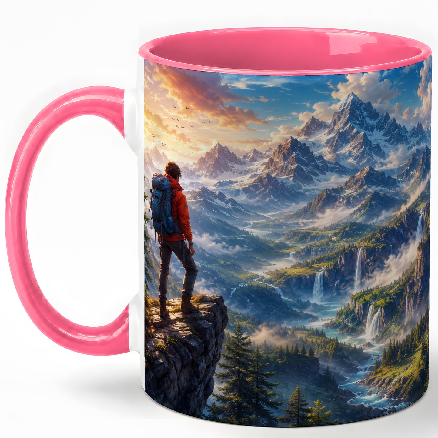 #pl[11oz|Pink] Mountain Hiker Ceramic Mug, Alpine Peaks Waterfall Adventure
