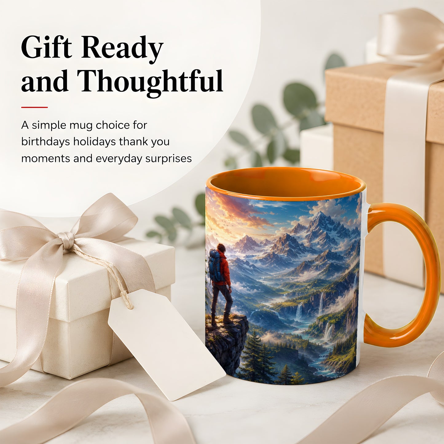 #pl[11oz|Orange] Mountain Hiker Ceramic Mug, Alpine Peaks Waterfall Adventure