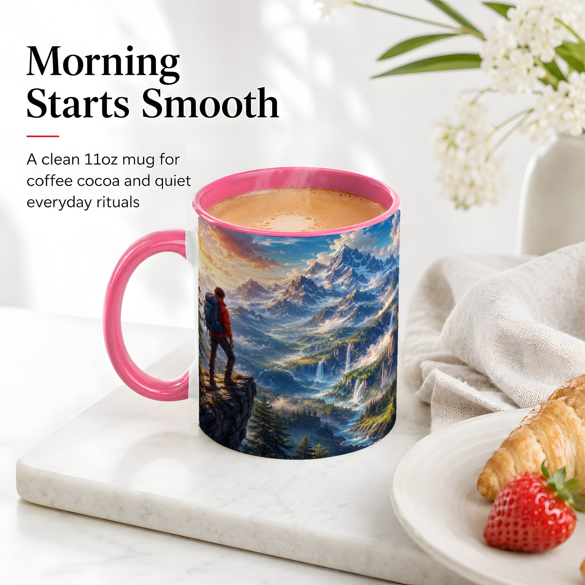 #pl[11oz|Pink] Mountain Hiker Ceramic Mug, Alpine Peaks Waterfall Adventure