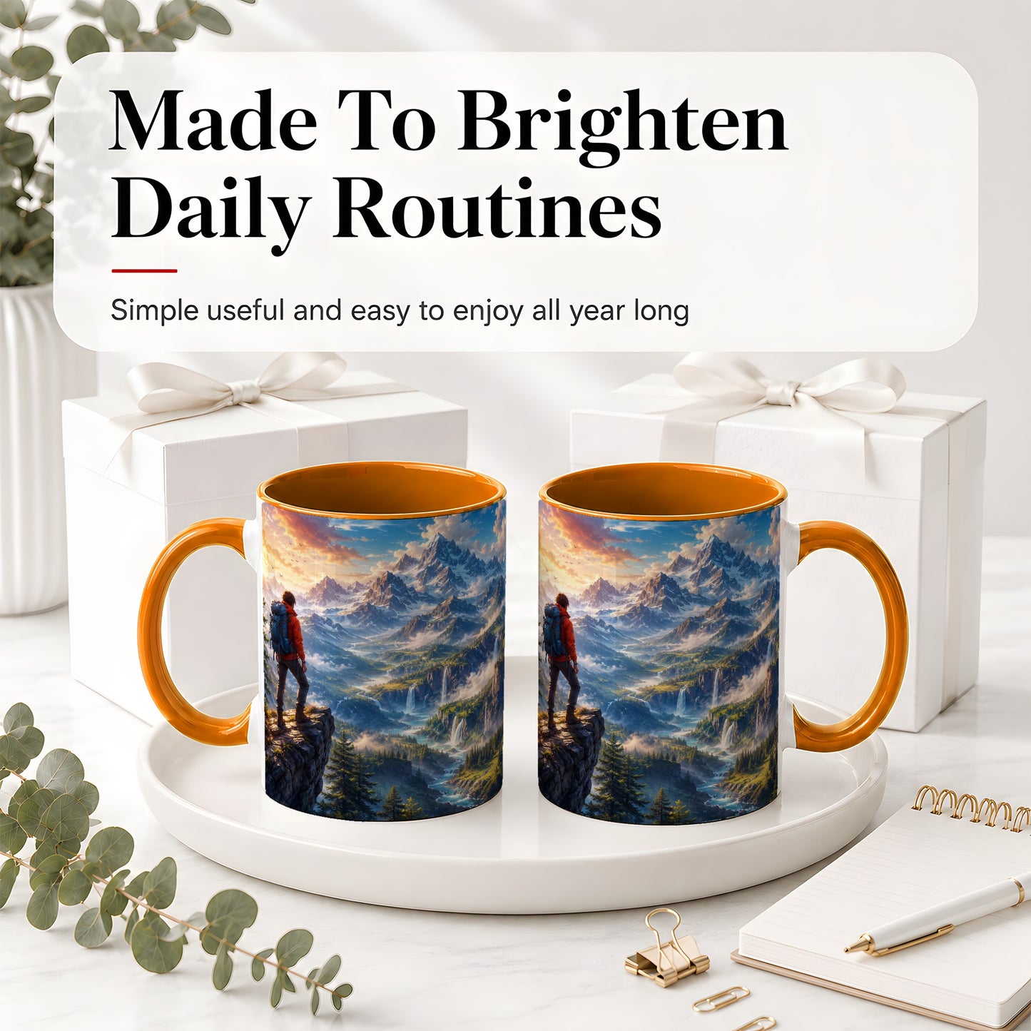 #pl[11oz|Orange] Mountain Hiker Ceramic Mug, Alpine Peaks Waterfall Adventure