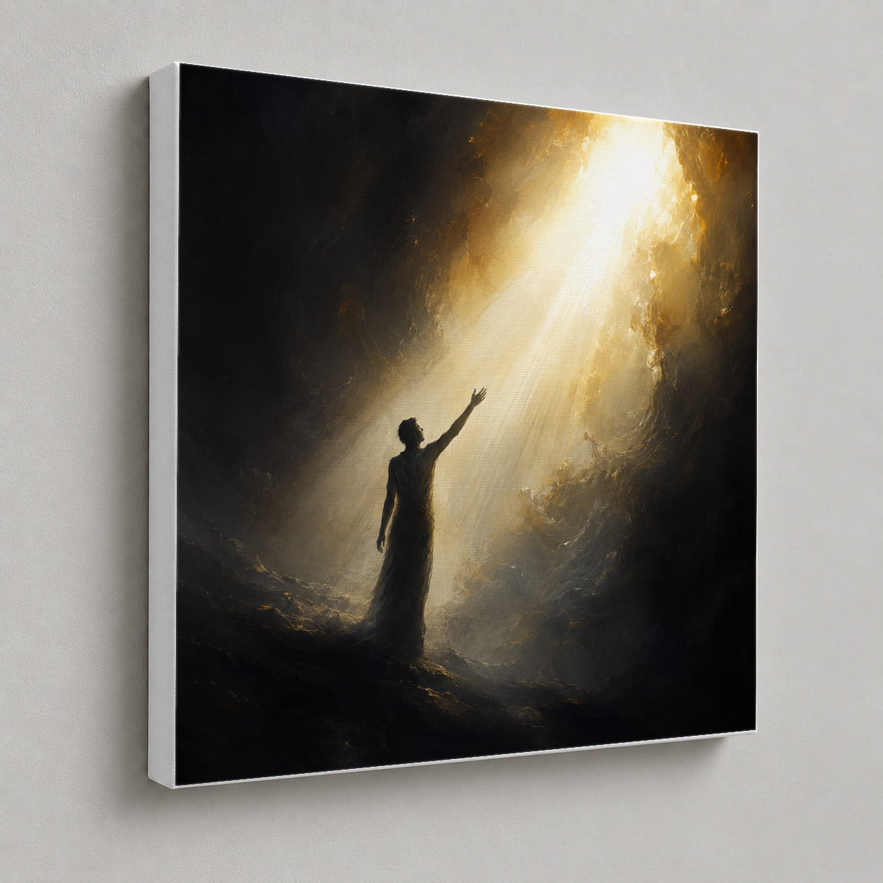 #pl[17x17 Inch|Multicolor] Reaching for Light Square Canvas Wall Art, Hopeful Cave Scene