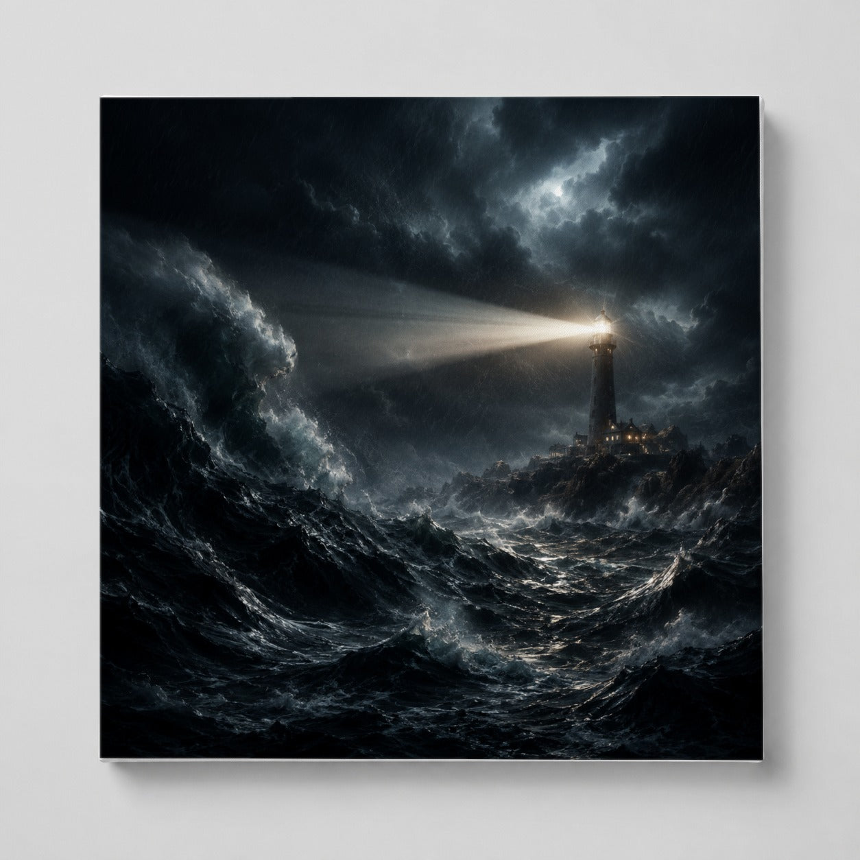 Storm Lighthouse Square Canvas Wall Art, Dramatic Ocean Scene