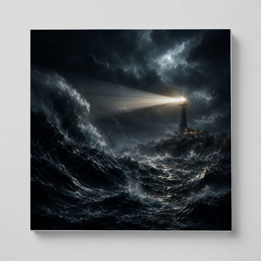 Storm Lighthouse Square Canvas Wall Art, Dramatic Ocean Scene
