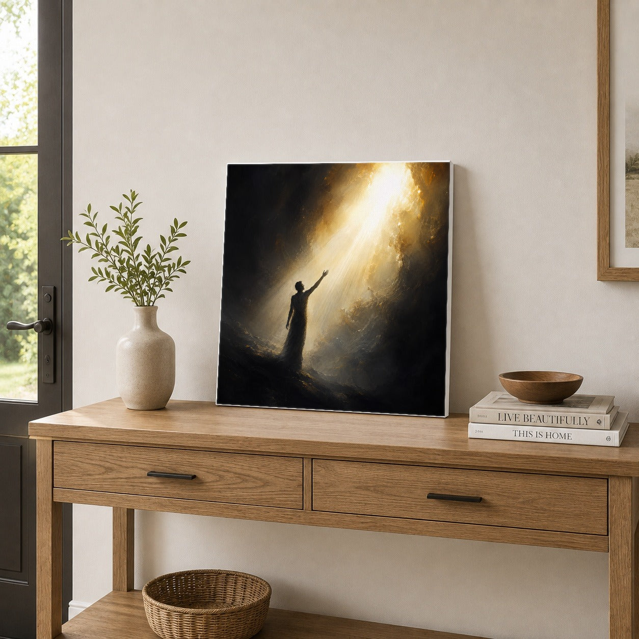 #pl[17x17 Inch|Multicolor] Reaching for Light Square Canvas Wall Art, Hopeful Cave Scene