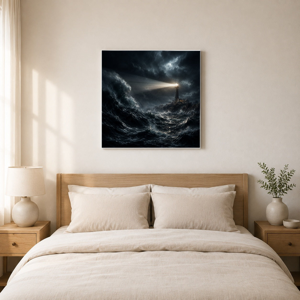 #pl[17x17 Inch|Multicolor] Storm Lighthouse Square Canvas Wall Art, Dramatic Ocean Scene