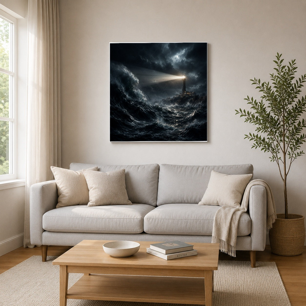 #pl[17x17 Inch|Multicolor] Storm Lighthouse Square Canvas Wall Art, Dramatic Ocean Scene
