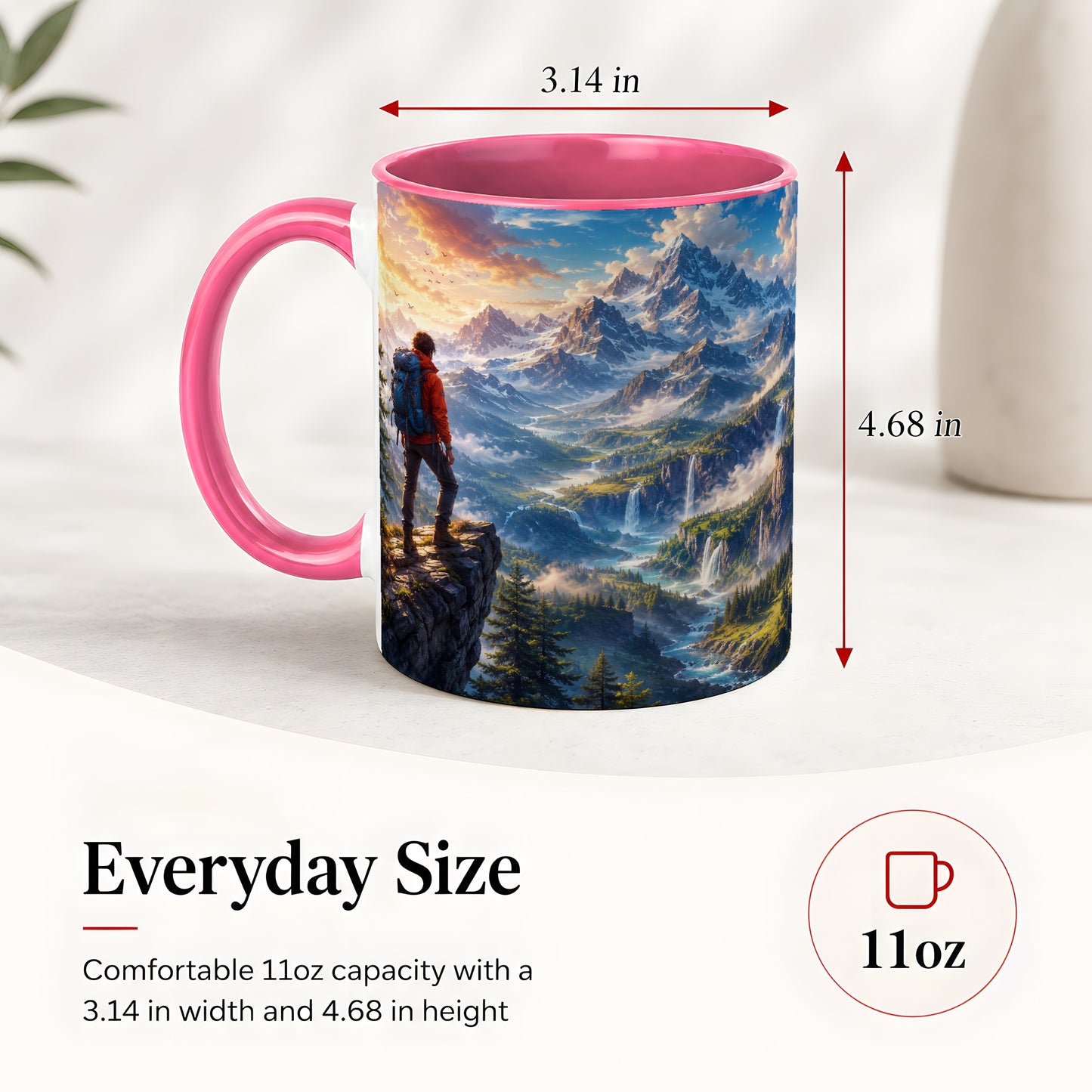 #pl[11oz|Pink] Mountain Hiker Ceramic Mug, Alpine Peaks Waterfall Adventure