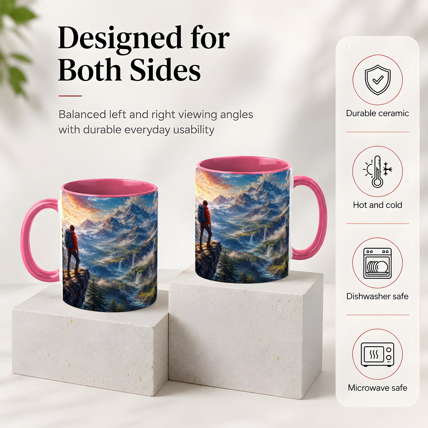 #pl[11oz|Pink] Mountain Hiker Ceramic Mug, Alpine Peaks Waterfall Adventure