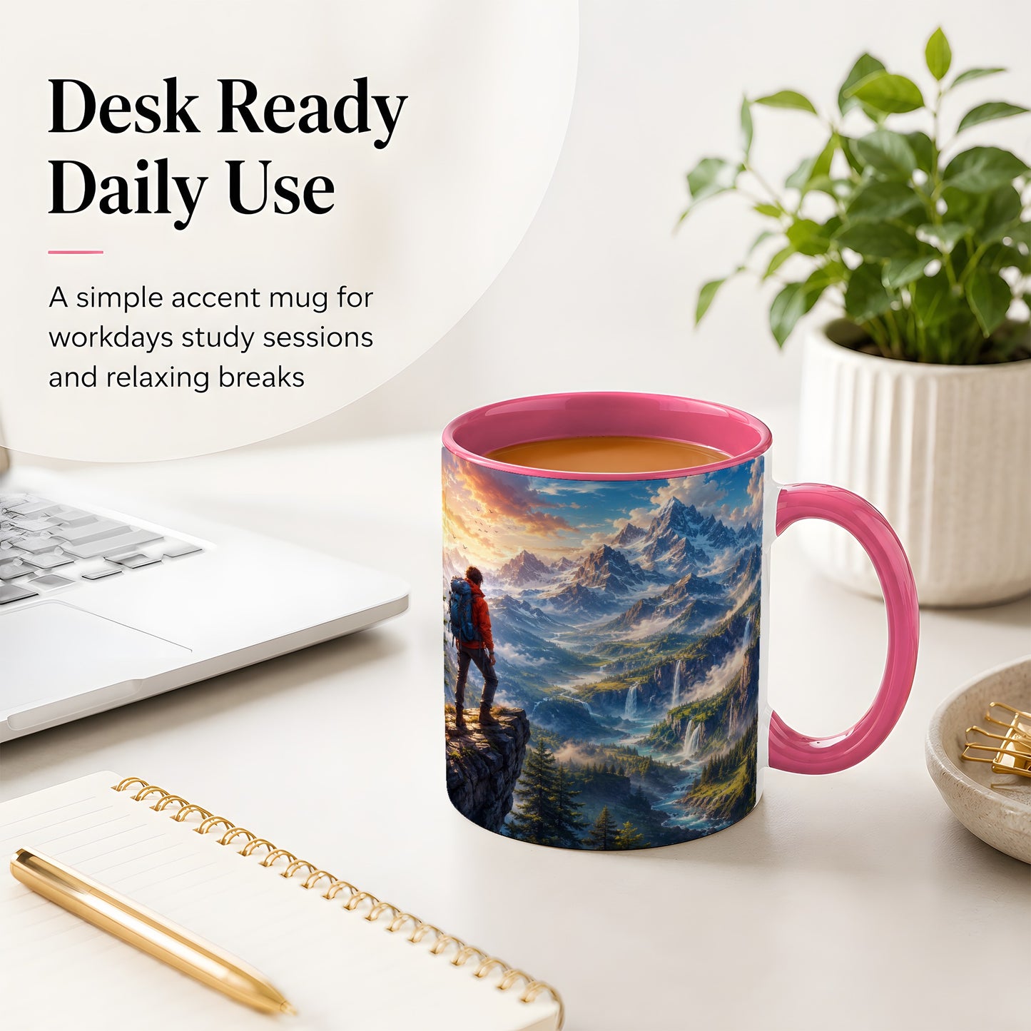 #pl[11oz|Pink] Mountain Hiker Ceramic Mug, Alpine Peaks Waterfall Adventure