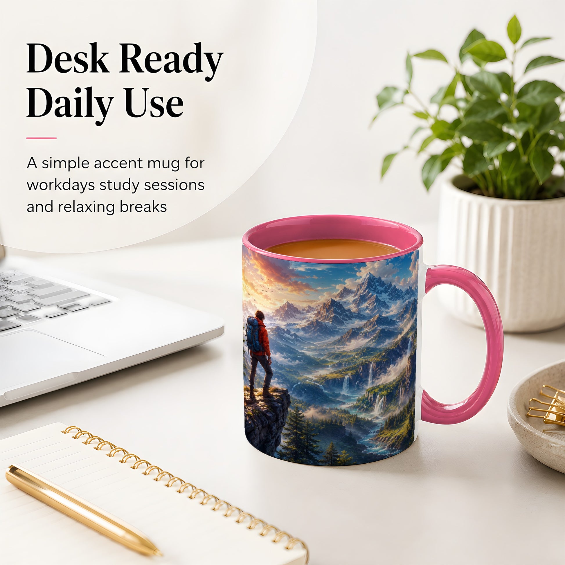 #pl[11oz|Pink] Mountain Hiker Ceramic Mug, Alpine Peaks Waterfall Adventure
