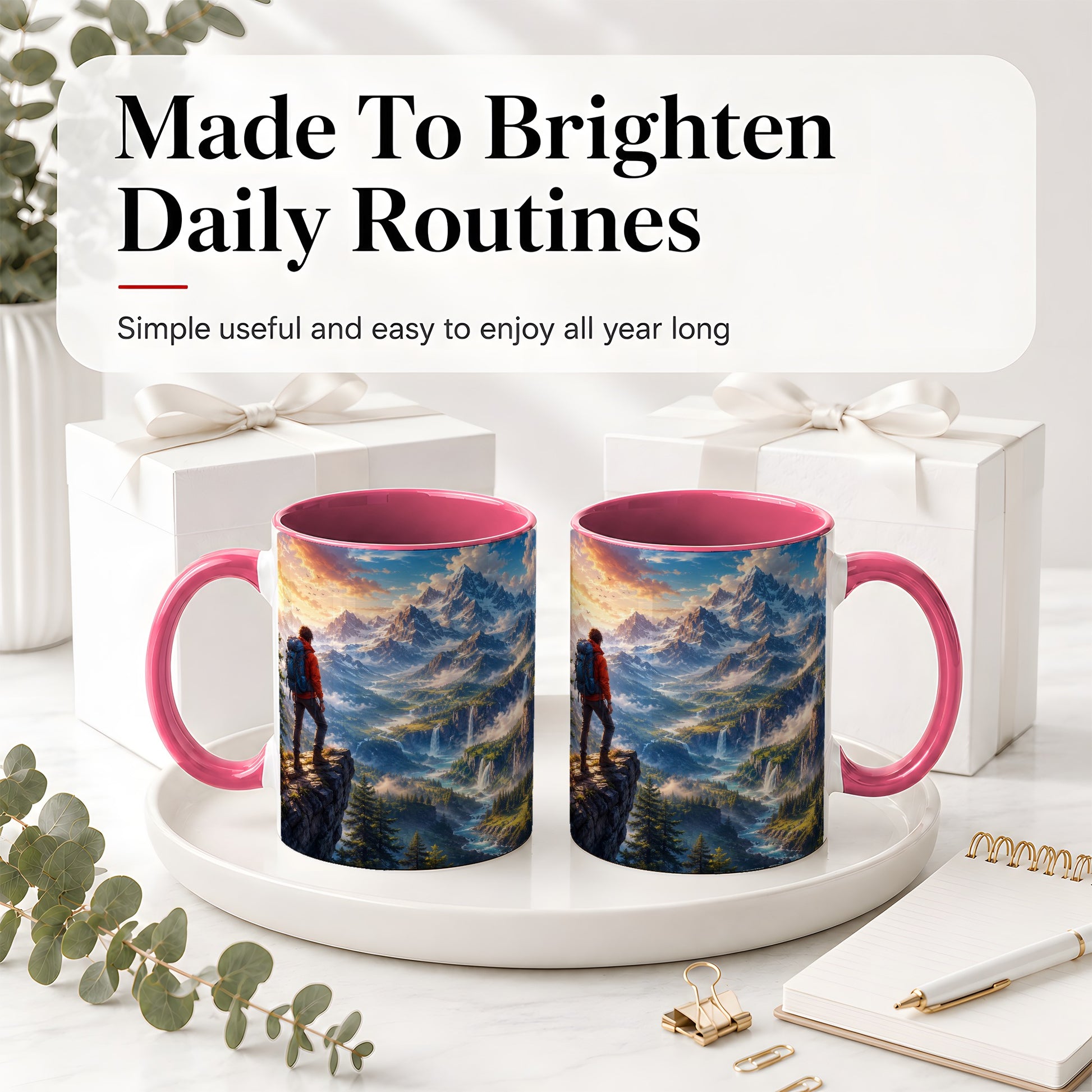 #pl[11oz|Pink] Mountain Hiker Ceramic Mug, Alpine Peaks Waterfall Adventure
