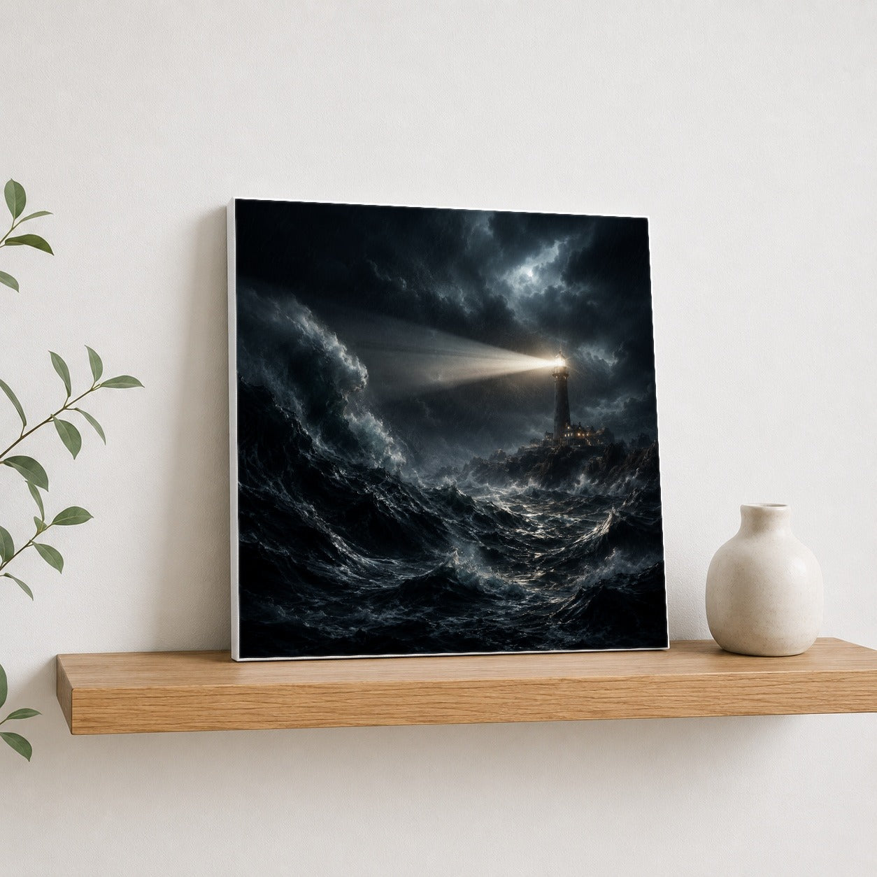 #pl[17x17 Inch|Multicolor] Storm Lighthouse Square Canvas Wall Art, Dramatic Ocean Scene