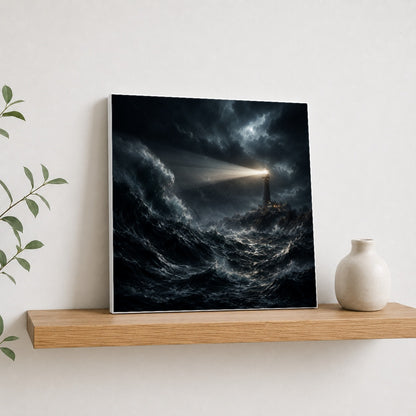 #pl[17x17 Inch|Multicolor] Storm Lighthouse Square Canvas Wall Art, Dramatic Ocean Scene