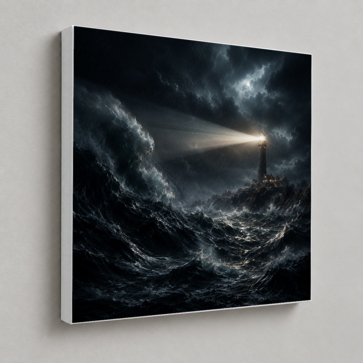 #pl[17x17 Inch|Multicolor] Storm Lighthouse Square Canvas Wall Art, Dramatic Ocean Scene