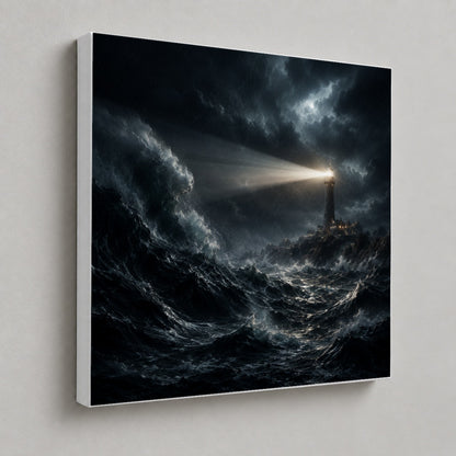 #pl[17x17 Inch|Multicolor] Storm Lighthouse Square Canvas Wall Art, Dramatic Ocean Scene