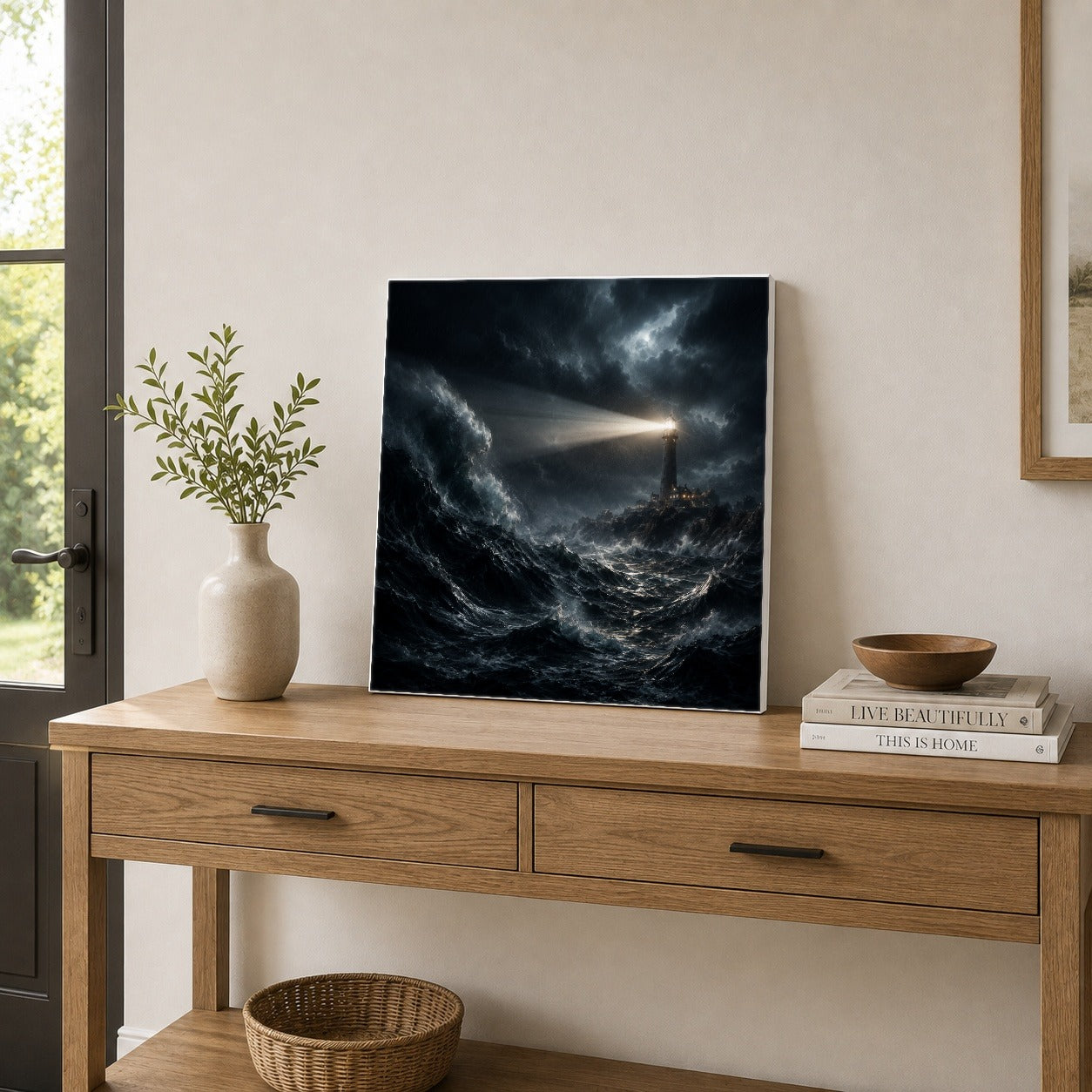 #pl[17x17 Inch|Multicolor] Storm Lighthouse Square Canvas Wall Art, Dramatic Ocean Scene