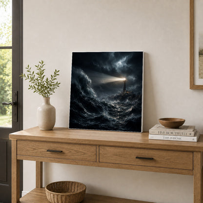 #pl[17x17 Inch|Multicolor] Storm Lighthouse Square Canvas Wall Art, Dramatic Ocean Scene