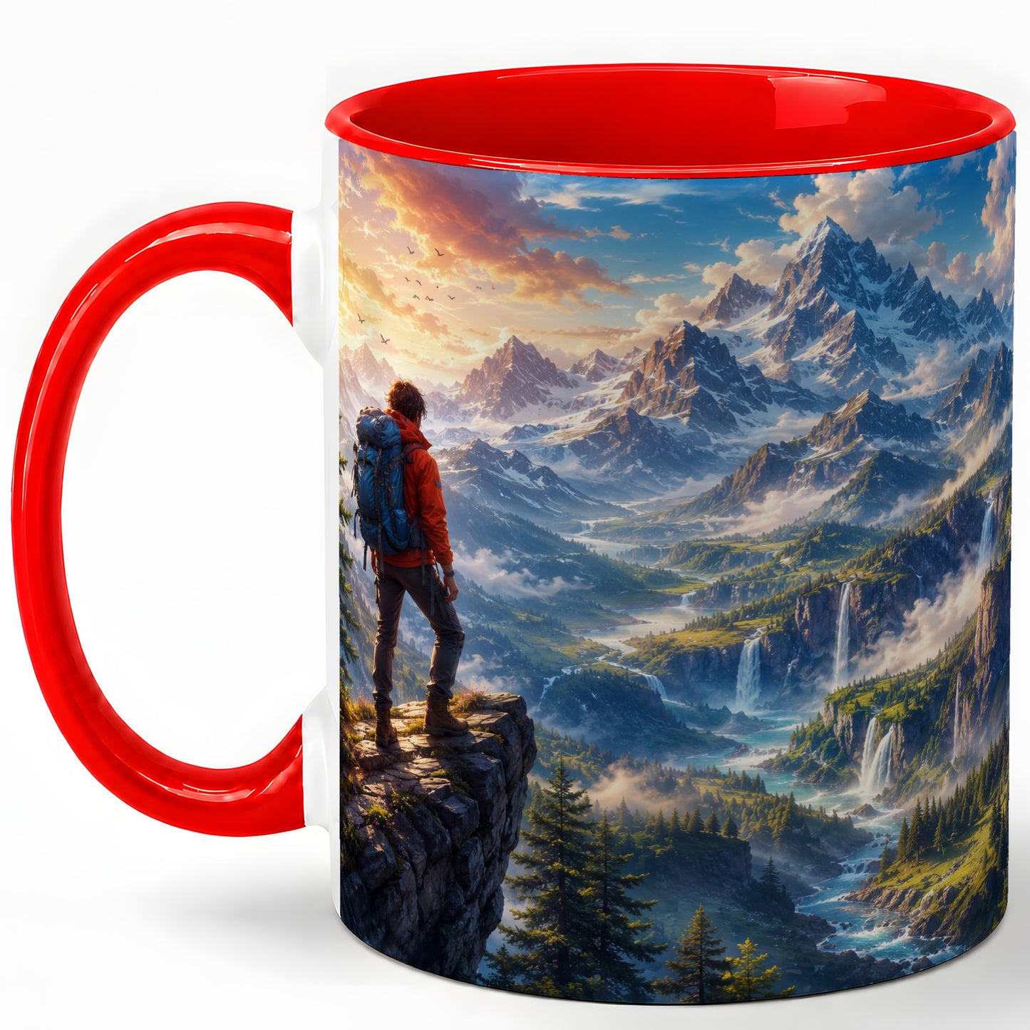 Mountain Hiker Ceramic Mug, Alpine Peaks Waterfall Adventure