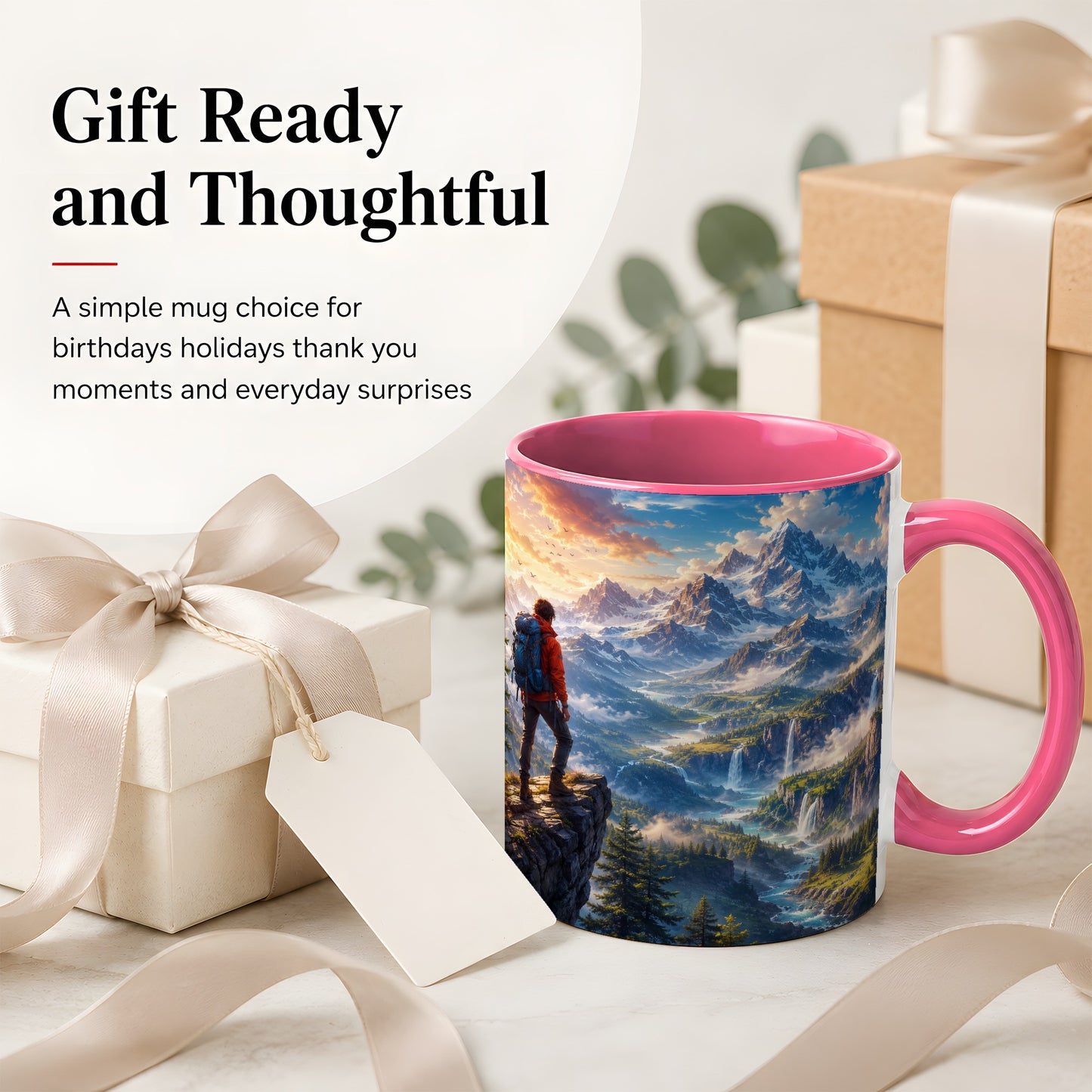 #pl[11oz|Pink] Mountain Hiker Ceramic Mug, Alpine Peaks Waterfall Adventure
