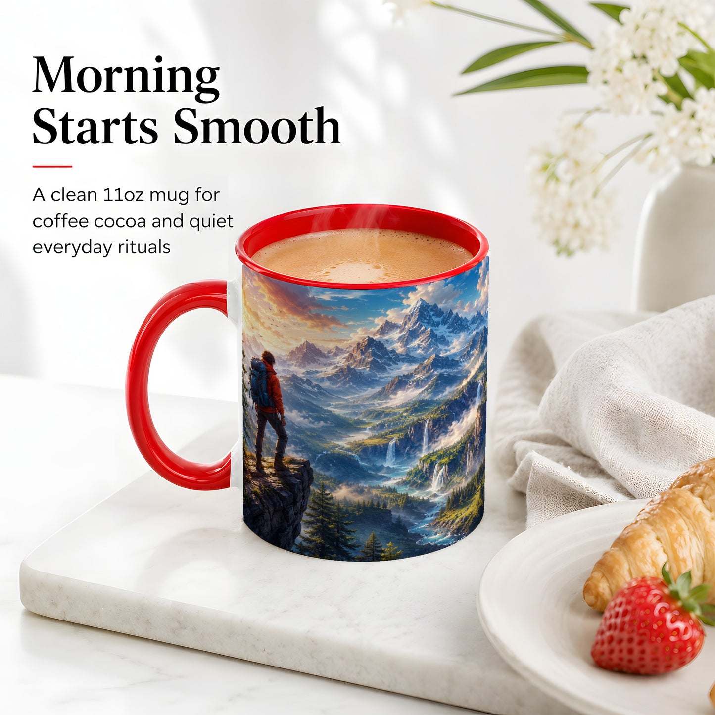 #pl[11oz|Red] Mountain Hiker Ceramic Mug, Alpine Peaks Waterfall Adventure